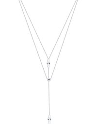 Zilveren ketting met dubbele kettingen. Bevat ronde kralen in verschillende maten langs het midden en een hanger voor extra textuur en ontwerp.