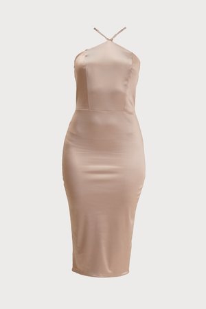 Satin slip dress in soft beige, fitted silhouette, halter neck with adjustable straps, smooth texture, knee-length, no patterns or embellishments.