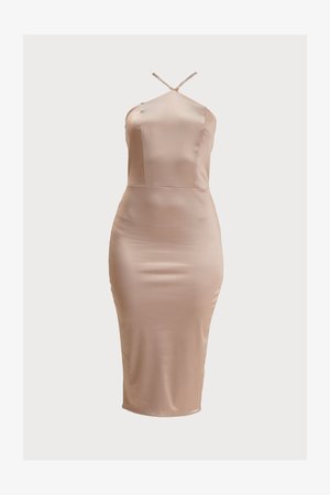 Abito in satin beige chiaro, silhouette aderente, scollatura a halter con spalline regolabili, texture liscia, lunghezza fino al ginocchio, senza fantasie o decorazioni.
