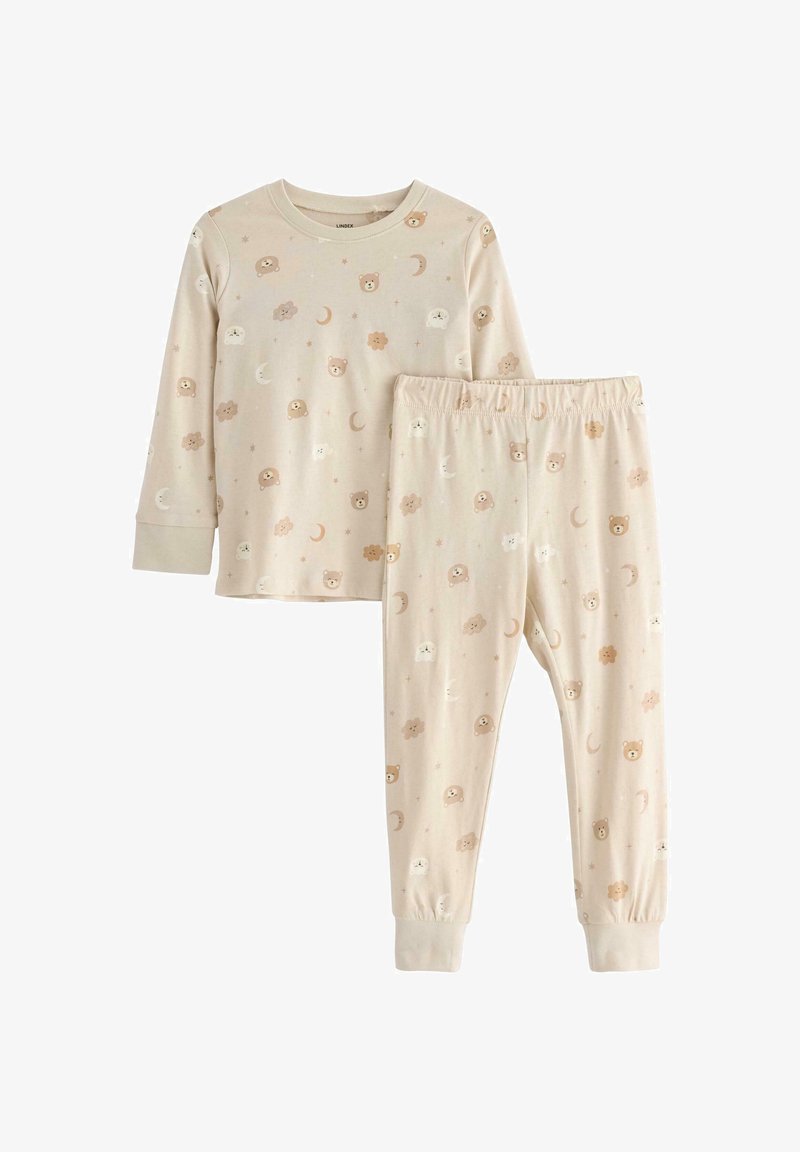 Ensemble de pyjama beige clair comprenant un haut à manches longues et un pantalon, orné de motifs animaliers et célestes dans des couleurs pastel douces.