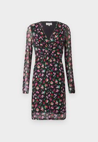 Robe noire avec des manches longues transparentes, imprimé floral en rouge, rose et violet, présentant un détail frontal torsadé et un décolleté en V.
