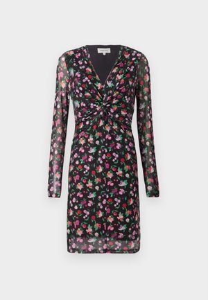 Black dress with sheer long sleeves, floral print in red, pink, and purple, featuring a twisted front detail and V-neckline.