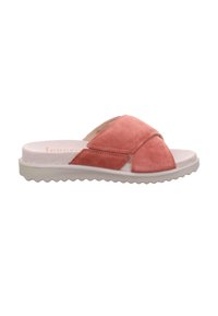 Růžové sametové skládací sandály s křížovými pásky, komfortní stélkou a texturovanou gumovou podrážkou pro lepší přilnavost. Navrženo pro pohodlí a snadnost nošení.