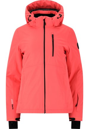 Helle Korallenjacke mit hohem Kragen und verstellbarer Kapuze. Verfügt über eine mit Reißverschluss ausgestattete Brusttasche und wasserdichtes Material mit schwarzen Akzenten.