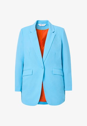 Jasnoniebieska marynarka z klapami, dwiema przednimi kieszeniami, zapinana na jeden guzik, z kontrastowym pomarańczowym podszewką. Gładka faktura materiału.