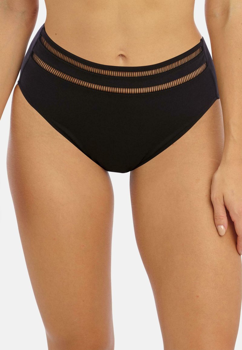 Bas de bikini noir taille haute avec deux panneaux en maille horizontaux en haut. Texture lisse, design minimaliste, adapté pour les maillots de bain.