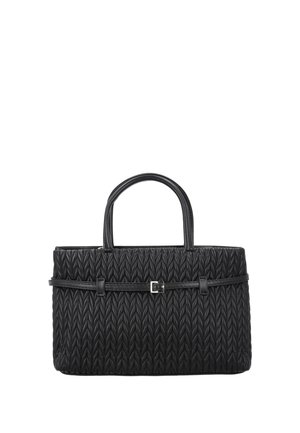 Czarna torebka z teksturowanym wzorem w jodełkę, podwójnymi uchwytami i cienkim poziomym paskiem z małą srebrną klamrą z przodu.