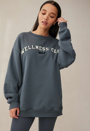 Grauer übergroßer Sweatshirt mit dem Aufdruck "WELLNESS CLUB" und "SELF." in kontrastierendem weißen Schriftzug; gerippte Bündchen und Saumdetails. Glatte Stofftextur.