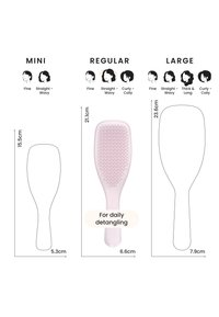 Mini-, normaali- ja suuret hiusharjakoot mittoineen sekä hiustyypin suositukset: ohuille, aaltoileville, paksuille ja kiharoille hiuksille.