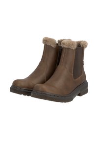 Brązowe botki za kostkę z futrzanym obszyciem, elastycznymi panelami po bokach i teksturowaną gumową podeszwą. Gładka skórzana powierzchnia z przeszyciami.