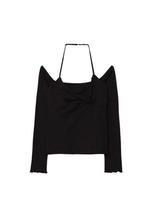 Haut noir à manches longues avec design épaules dénudées et fine bretelle tour de cou, présentant une silhouette ajustée et un léger détail volanté aux extrémités des manches.