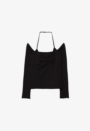 Haut noir à manches longues avec design épaules dénudées et fine bretelle tour de cou, présentant une silhouette ajustée et un léger détail volanté aux extrémités des manches.