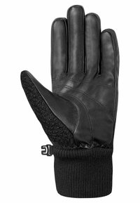 Schwarzer Lederhandschuh mit einem weichen, strukturierten schwarzen Strickbündchen. Verfügt über ein elegantes Design mit Nahtdetails und einem verstellbaren Verschluss.