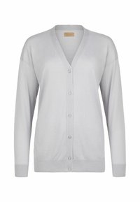 Ljusgrå cardigan gjord av mjukt material, med V-ringning, långa ärmar och sex framknappar, samt ribbade manschetter och nederkant.