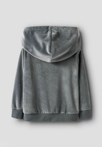 Sweatshirt à capuche en velours gris avec une texture douce, des poignets et un ourlet élastiques. Présente une couture centrée à l'arrière et une coupe décontractée.