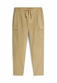 Pantalones cargo beige con cintura elástica, cierre de cordón y dos bolsillos laterales. Textura suave y diseño de pierna ajustada.