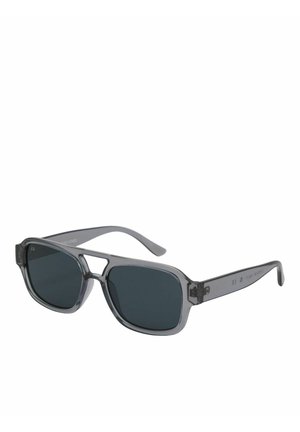 Gafas de sol rectangulares con lentes oscuras tintadas, montura de plástico gris transparente y patillas rectas.