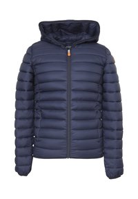 Giacca puffer navy con cappuccio, design trapuntato, zip frontale e un accento arancione. Realizzata in tessuto sintetico, con polsini elastici.