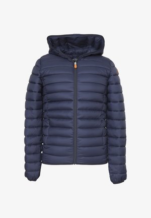 Giacca puffer navy con cappuccio, design trapuntato, zip frontale e un accento arancione. Realizzata in tessuto sintetico, con polsini elastici.