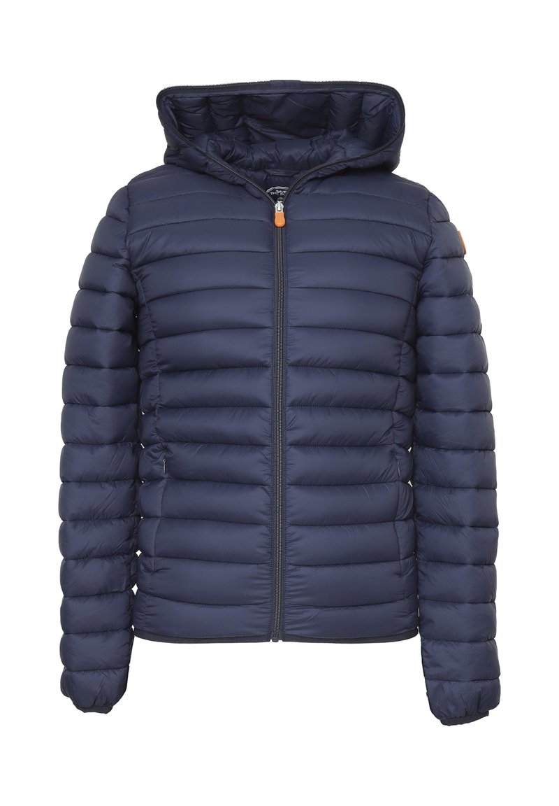Giacca puffer navy con cappuccio, design trapuntato, zip frontale e un accento arancione. Realizzata in tessuto sintetico, con polsini elastici.