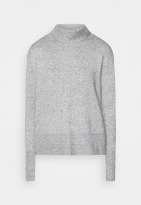 Lichtgrijze gebreide trui met lange mouwen en een hoge, iets omgevouwen halslijn, met subtiele multikleurige spikkels.