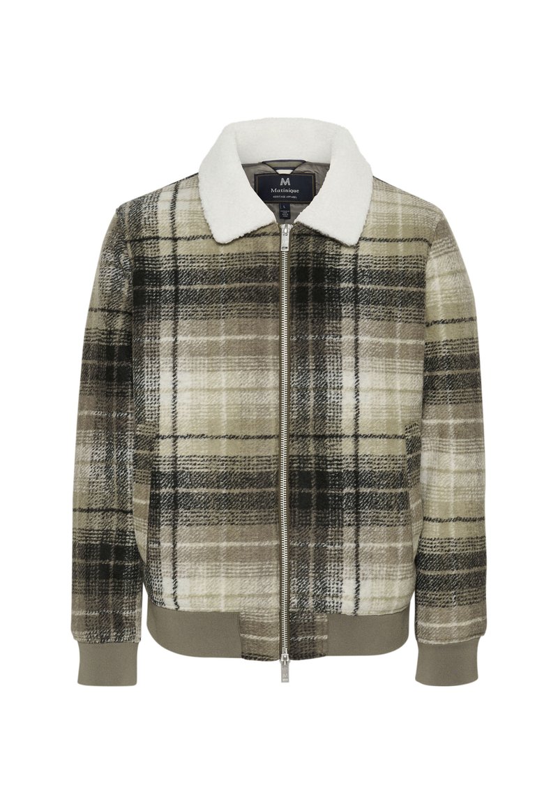 Karierte Bomberjacke aus weichem Stoff, ausgestattet mit einem weißen Kunstfellkragen, einem Reißverschluss und gerippten Bündchen in erdigen Tönen von Grün, Schwarz und Beige.