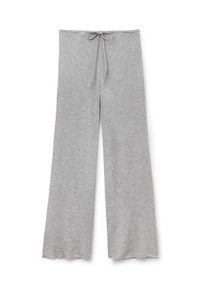 Šedé ribované pletené kalhoty s širokými nohavicemi, stahovacími šňůrkami v pase a vroubkovaným lemem. Měkká textura a uvolněný střih.
