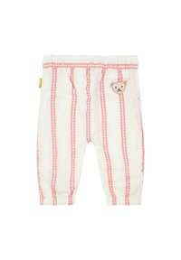Pantalon blanc pour enfants avec des rayures verticales roses, taille élastique et un emblème d'ours à l'avant. Tissu doux avec une finition texturée.