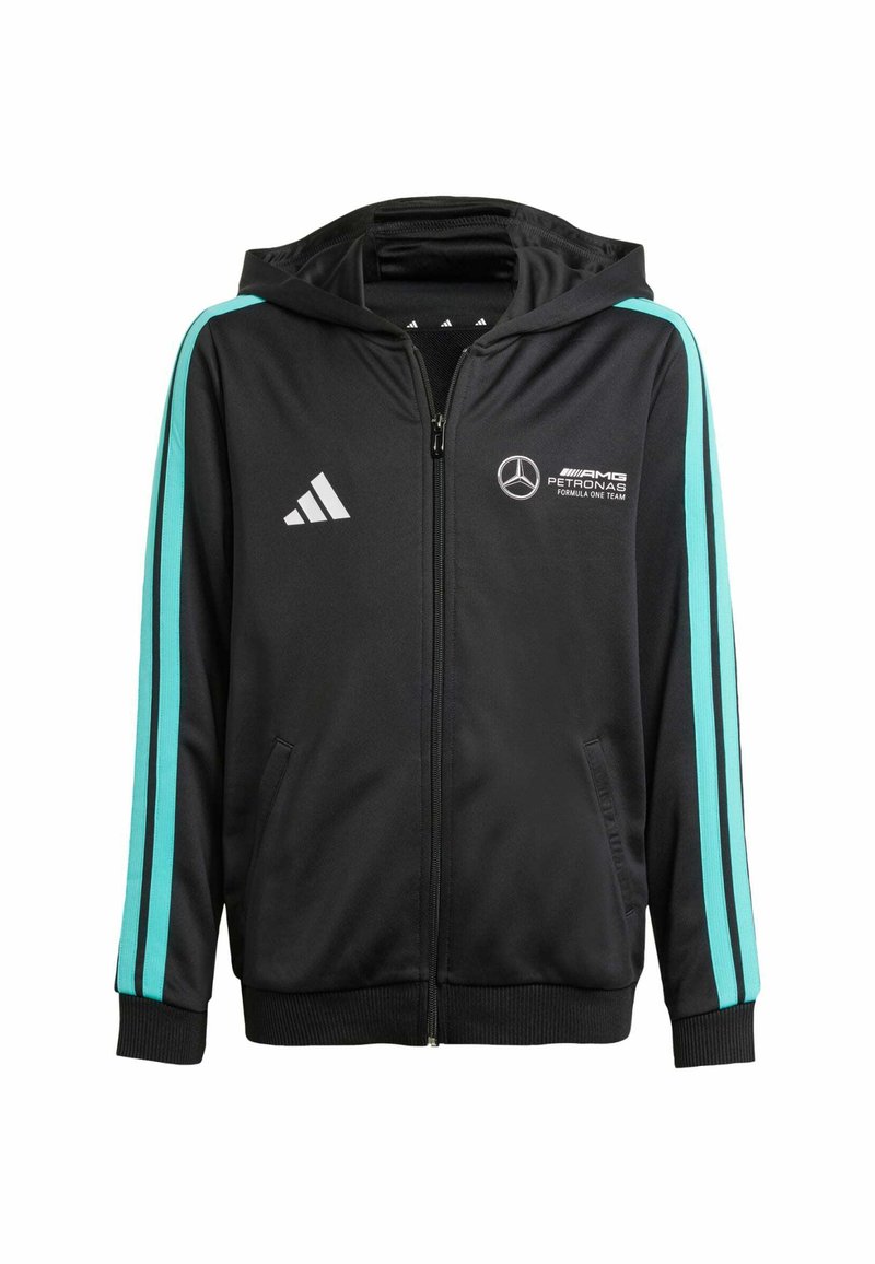 Felpa nera con zip e strisce laterali turchesi, con logo Adidas e branding Mercedes AMG Petronas. Realizzata in tessuto liscio.