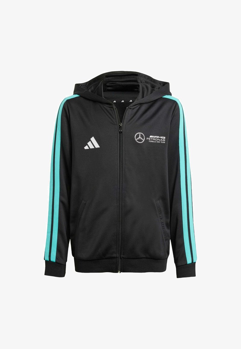 Sudadera con cremallera negra y rayas laterales turquesas, con el logo de Adidas y la marca Mercedes AMG Petronas. Fabricada en tejido suave.