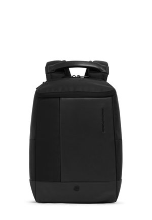 Black vertical rectangular backpack with top handle, smooth front panel, and zippered top section against white background.