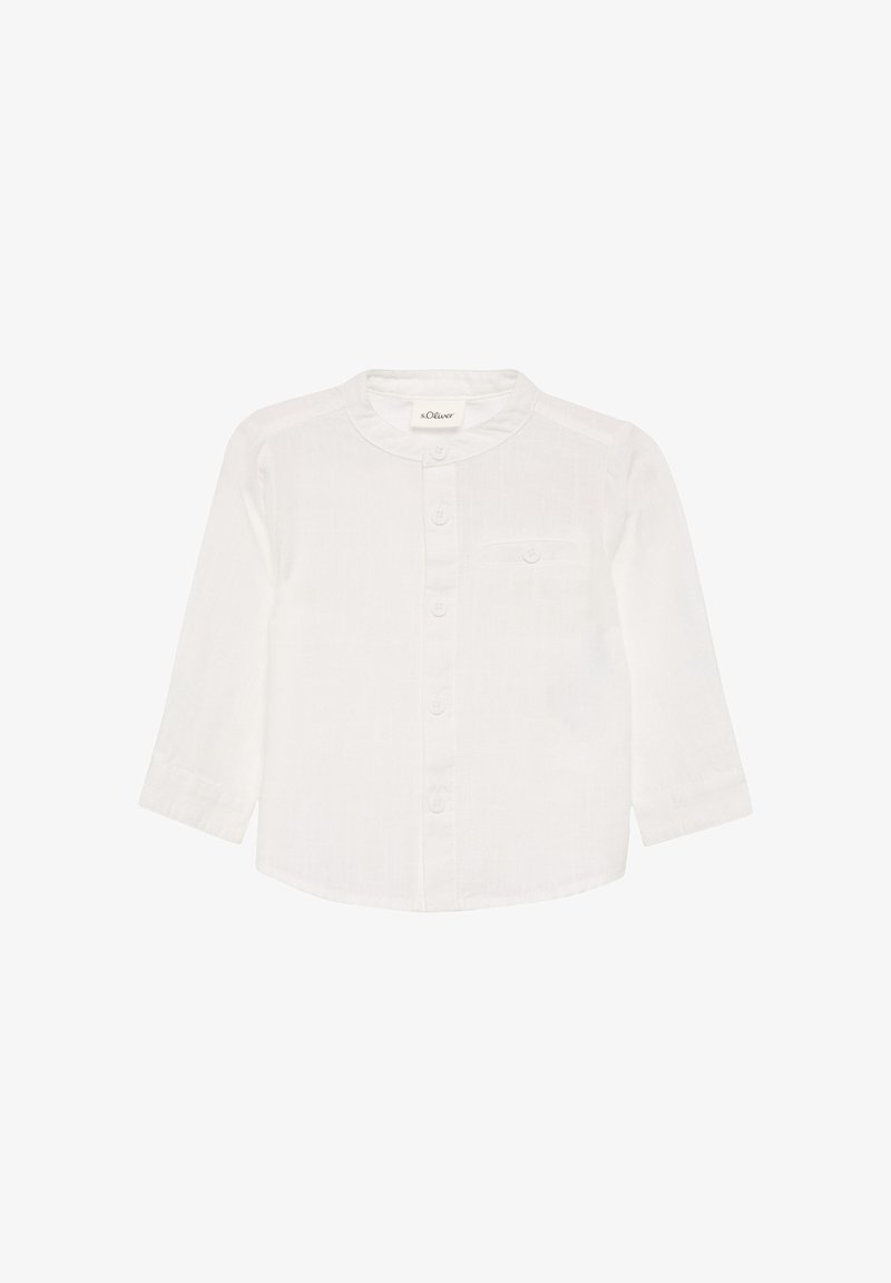 White long-sleeve button-up shirt with a rounded collar, single chest pocket, and a textured finish. Soft fabric with a light, breathable design.