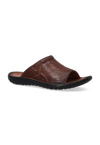 Brune lædersandal med åbent tådesign, blød tekstur og en fleksibel sort gummisål. Har subtile stikninger.