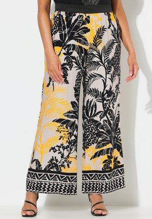 Ulla Popken TROPICAL FOLIAGE ELASTIC WAIST  - Trousers - grey/beige