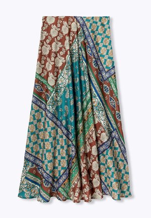 Jupe multicolore présentant des motifs floraux et paisley dans des tons de marron, turquoise, vert et crème. Tissu léger avec un design fluide.