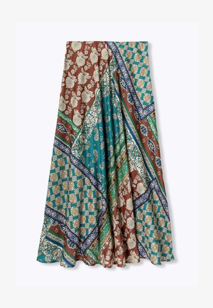 Jupe multicolore présentant des motifs floraux et paisley dans des tons de marron, turquoise, vert et crème. Tissu léger avec un design fluide.