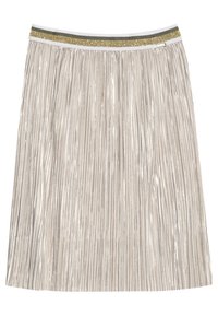 Srebrna plisowana spódnica z błyszczącym złoto-srebrnym paskiem w talii. Charakteryzuje się połyskującą, metaliczną teksturą i sięga do połowy łydki.