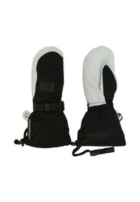 Schwarze und graue gefütterte Fäustlinge mit verstellbaren Handgelenkriemen, elastischen Öffnungen und Logodetail auf einer Seite. Glattes Nylonmaterial.