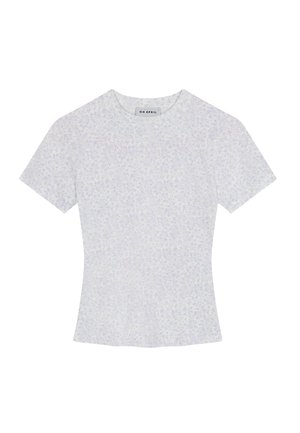 Kurze, taillierte T-Shirt in hellem Lavendel mit dezentem Blumenmuster, aus weichem Stoff gefertigt und mit einem klassischen Rundhalsausschnitt ausgestattet.
