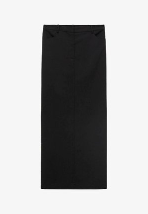 Jupe noire en tissu lisse avec une coupe droite, dotée d'une taille élastique et de deux poches avant. Design minimaliste sans motifs.