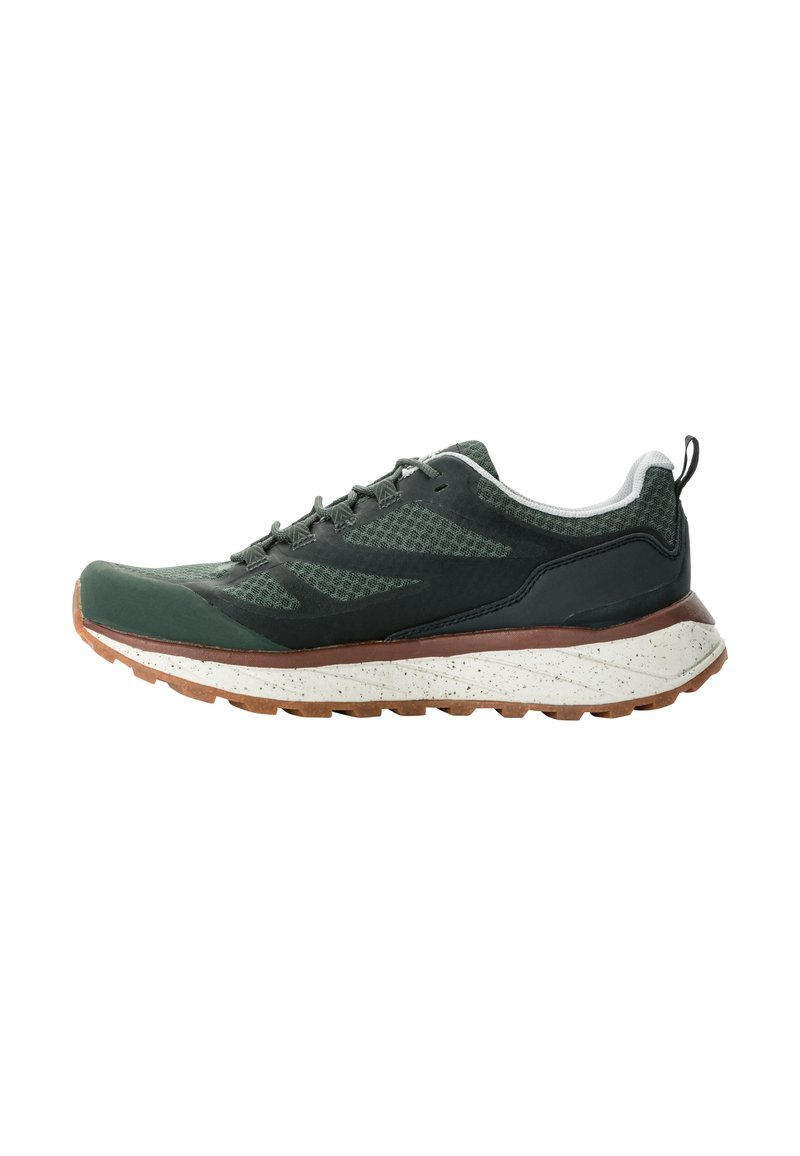 Dunkelgrüne Sportschuhe mit Mesh-Obermaterial, strukturierten Akzenten und einer gesprenkelten weißen und braunen Zwischensohle. Verfügt über eine verstärkte Zehen- und Fersenpartie.