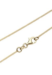 Goldfarbene Metallkettenhalskette mit glatter Oberfläche, ausgestattet mit einem Karabinerverschluss und ineinander greifenden Gliedern. Strukturierte Gestaltung für zusätzliche Details.
