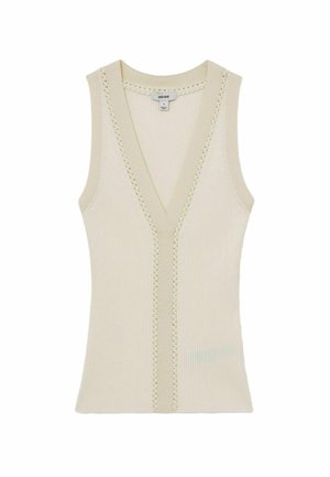 Cremefarvet, ærmeløs top med V-udskæring, ribbet tekstur og sømdetaljer langs udskæringen og midten foran.