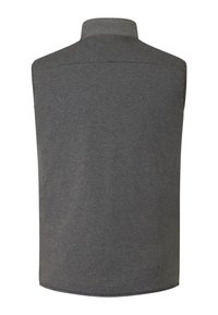 Szara bezrękawnik z wysokim kołnierzem, wykonana z miękkiej tkaniny, o gładkiej fakturze i prostym wzornictwie bez zdobień.