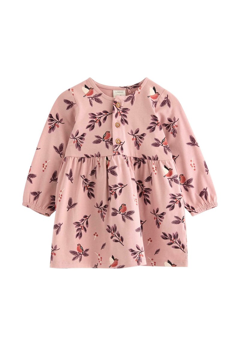 Rosa bomullsklänning med lång ärm, med en knäppt bodice och en rynkad midja. Designen inkluderar fågel- och bladmönster i mörkare färger.