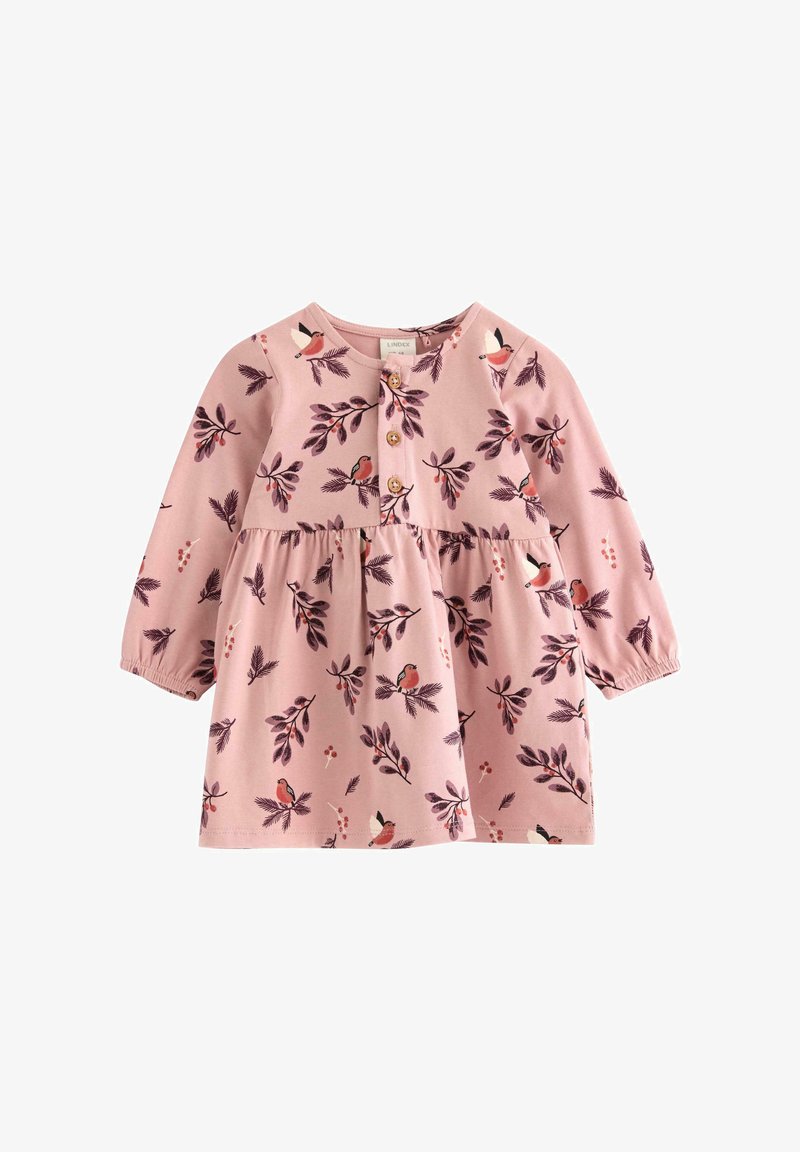 Rosa Baumwollkleid mit langen Ärmeln, das einen knopfartigen Oberkörper und eine geraffte Taille aufweist. Das Design beinhaltet Vogel- und Blattmuster in dunkleren Farben.