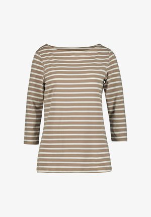 Haut à manches longues rayé marron et blanc avec un col bateau, en tissu doux, présentant une coupe décontractée et sans fermetures visibles.