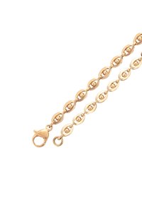 Collana in oro con catena a maglie ovali, caratterizzata da piccole perle d'oro all'interno di ogni maglia e una chiusura a moschettone su un'estremità.