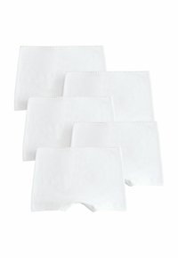 Cinco perechi de pantaloni scurți din bumbac alb, cu o textură netedă, având un design simplu și fără modele sau mărci vizibile.