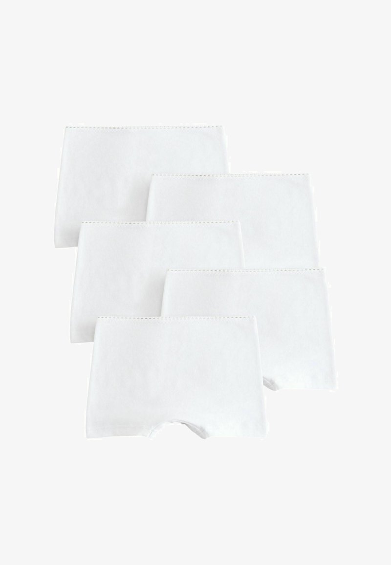 Fünf Paare weißer Baumwollshorts mit glatter Textur, die ein einfaches Design aufweisen und keine sichtbaren Muster oder Markenlogos haben.